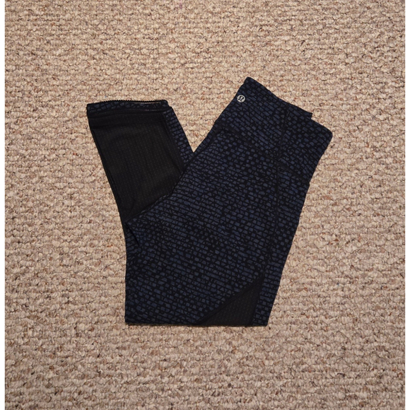 Lululemon Wunder Under Leggings Navy Blue Black Print Mesh Lace Trim Women's - Picture 1 of 8